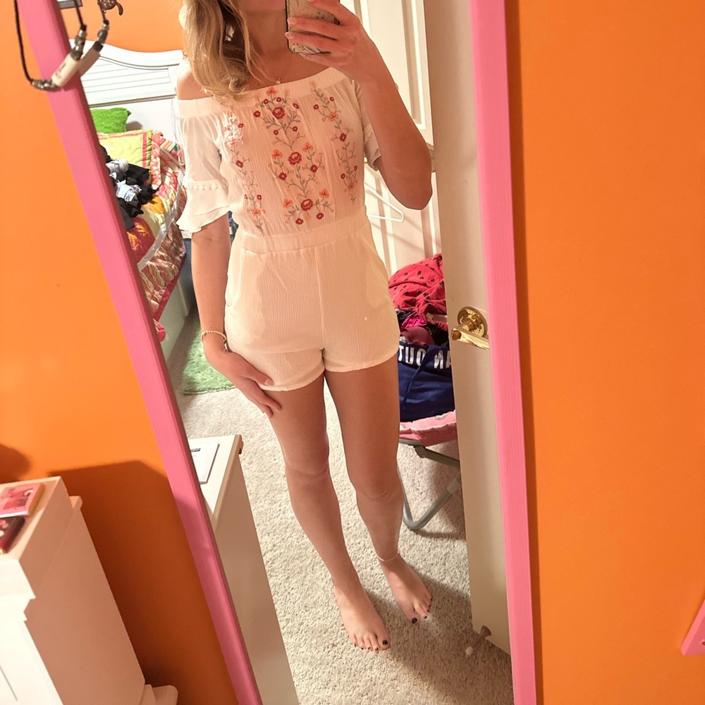 White Floral Embroidered Romper